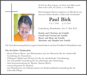 Traueranzeige von Paul Birk von Der Westallgäuer