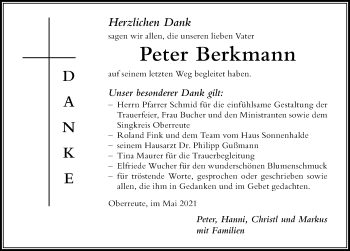 Traueranzeige von Peter Berkmann von Der Westallgäuer