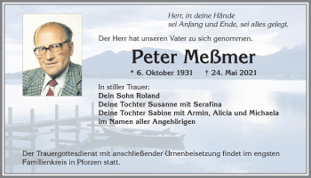 Traueranzeige von Peter Meßmer von Allgäuer Zeitung, Kaufbeuren/Buchloe