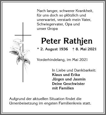 Traueranzeige von Peter Rathjen von Allgäuer Anzeigeblatt