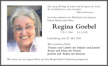 Traueranzeige von Regina Goebel von Der Westallgäuer