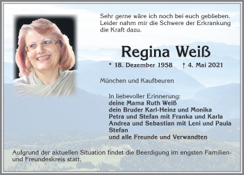 Traueranzeige von Regina Weiß von Allgäuer Zeitung, Kaufbeuren/Buchloe