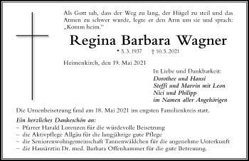 Traueranzeige von Regina Barbara Wagner von Der Westallgäuer