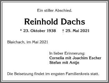 Traueranzeige von Reinhold Dachs von Allgäuer Anzeigeblatt