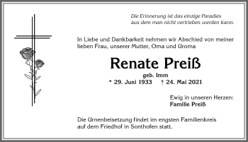 Traueranzeige von Renate Preiß von Allgäuer Anzeigeblatt
