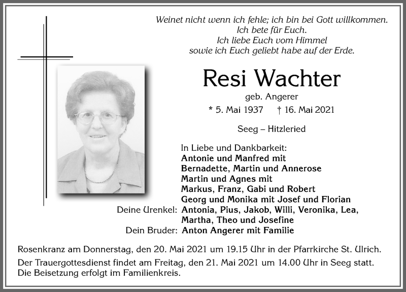  Traueranzeige für Resi Wachter vom 19.05.2021 aus Allgäuer Zeitung, Füssen