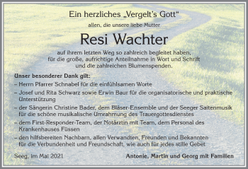 Traueranzeige von Resi Wachter von Allgäuer Zeitung, Füssen