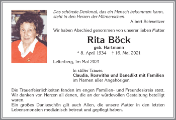 Traueranzeige von Rita Böck von Allgäuer Zeitung,Kempten