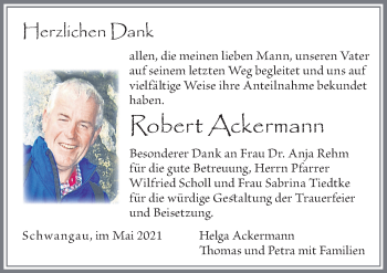 Traueranzeige von Robert Ackermann von Allgäuer Zeitung, Füssen