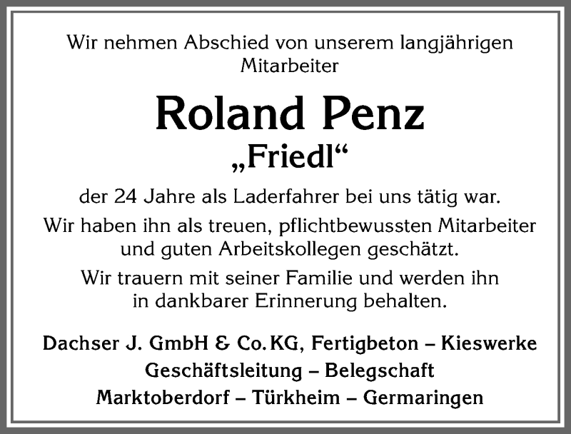  Traueranzeige für Roland Penz vom 12.05.2021 aus Allgäuer Zeitung, Marktoberdorf