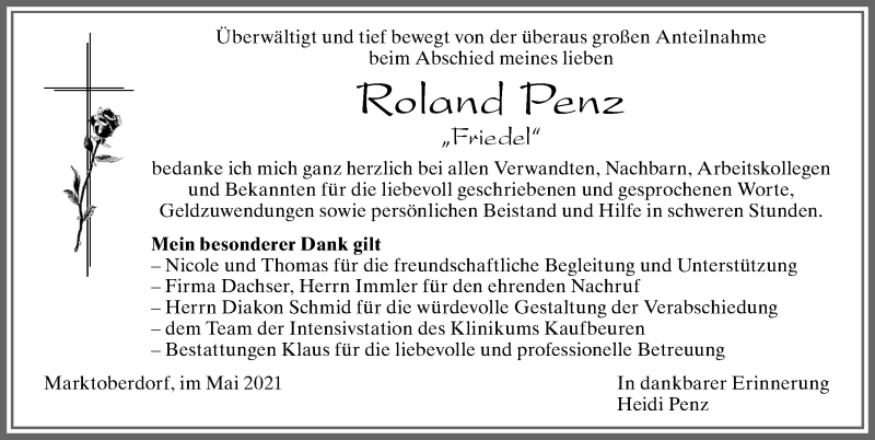  Traueranzeige für Roland Penz vom 25.05.2021 aus Allgäuer Zeitung, Marktoberdorf