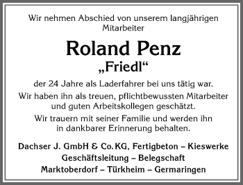 Traueranzeige von Roland Penz von Allgäuer Zeitung, Marktoberdorf