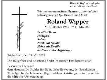 Traueranzeige von Roland Wipper von Der Westallgäuer