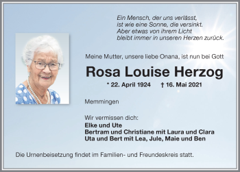 Traueranzeige von Rosa Louise Herzog von Memminger Zeitung