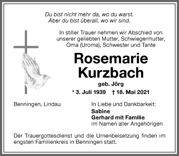 Traueranzeige von Rosemarie Kurzbach von Memminger Zeitung