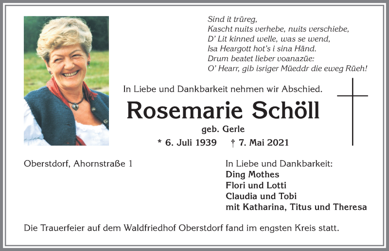  Traueranzeige für Rosemarie Schöll vom 15.05.2021 aus Allgäuer Anzeigeblatt
