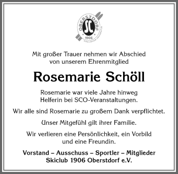 Traueranzeige von Rosemarie Schöll von Allgäuer Anzeigeblatt