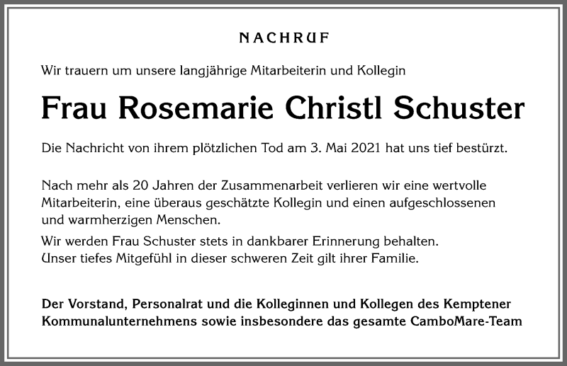  Traueranzeige für Rosemarie Christl Schuster vom 15.05.2021 aus Allgäuer Zeitung,Kempten