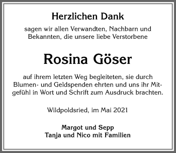 Traueranzeige von Rosina Göser von Allgäuer Zeitung,Kempten