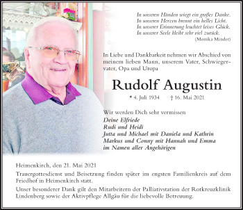 Traueranzeige von Rudolf Augustin von Der Westallgäuer