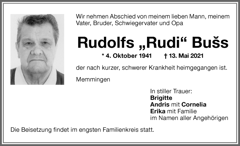  Traueranzeige für Rudolfs Buss vom 22.05.2021 aus Memminger Zeitung