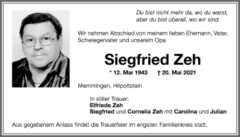 Traueranzeige von Siegfried Zeh von Memminger Zeitung