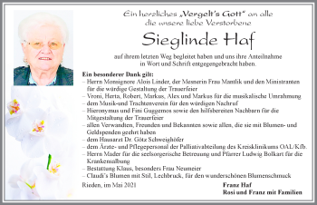 Traueranzeige von Sieglinde Haf von Allgäuer Zeitung, Füssen
