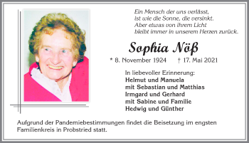 Traueranzeige von Sophia Nöß von Allgäuer Zeitung,Kempten