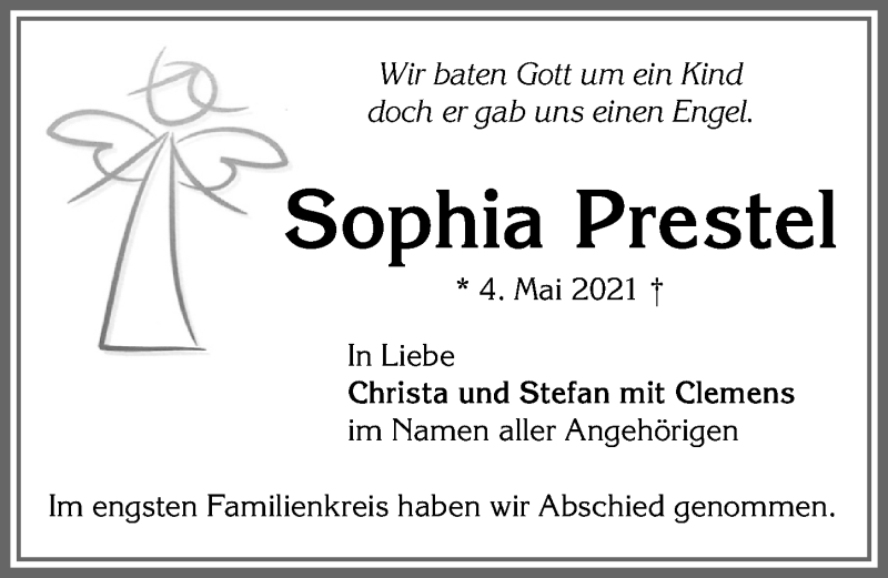  Traueranzeige für Sophia Prestel vom 15.05.2021 aus Allgäuer Zeitung,Kempten