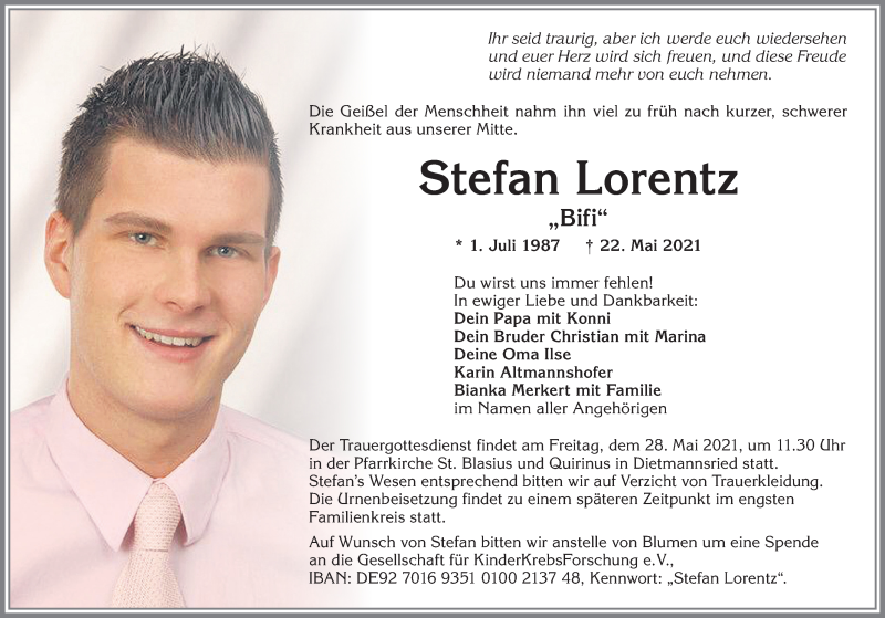  Traueranzeige für Stefan Lorentz vom 26.05.2021 aus Allgäuer Zeitung,Kempten