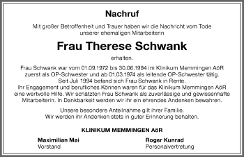 Traueranzeige von Therese Schwank von Memminger Zeitung
