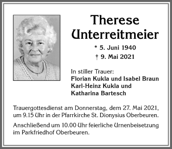 Traueranzeige von Therese Unterreitmeier von Allgäuer Zeitung, Kaufbeuren/Buchloe