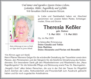 Traueranzeige von Theresia Keßler von Allgäuer Zeitung,Kempten