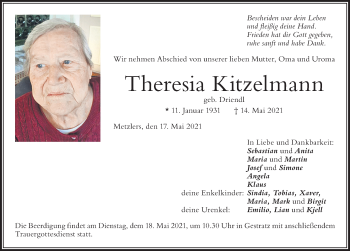 Traueranzeige von Theresia Kitzelmann von Der Westallgäuer