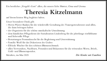 Traueranzeige von Theresia Kitzelmann von Der Westallgäuer