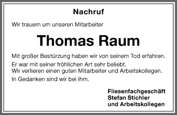 Traueranzeige von Thomas Raum von Memminger Zeitung