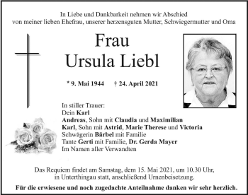 Traueranzeige von Ursula Liebl von Allgäuer Zeitung, Marktoberdorf