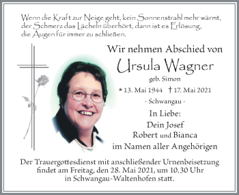 Traueranzeige von Ursula Wagner von Allgäuer Zeitung, Füssen