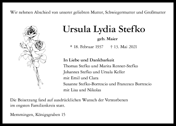 Traueranzeige von Ursula Lydia Stefko von Allgäuer Zeitung