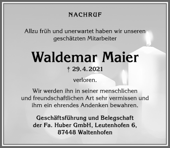 Traueranzeige von Waldemar Maier von Allgäuer Zeitung,Kempten