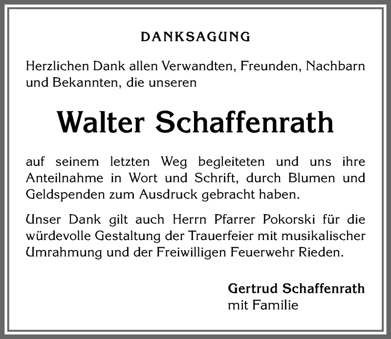  Traueranzeige für Walter Schaffenrath vom 29.05.2021 aus Allgäuer Anzeigeblatt