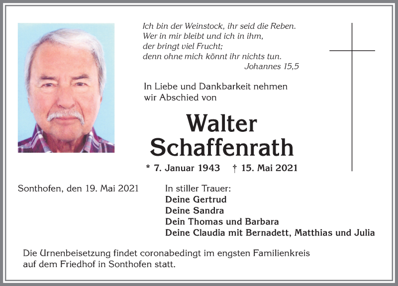  Traueranzeige für Walter Schaffenrath vom 19.05.2021 aus Allgäuer Anzeigeblatt