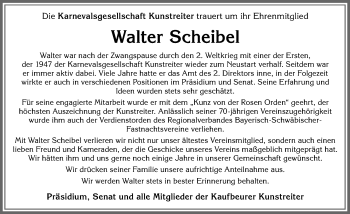 Traueranzeige von Walter Scheibel von Allgäuer Zeitung, Kaufbeuren/Buchloe