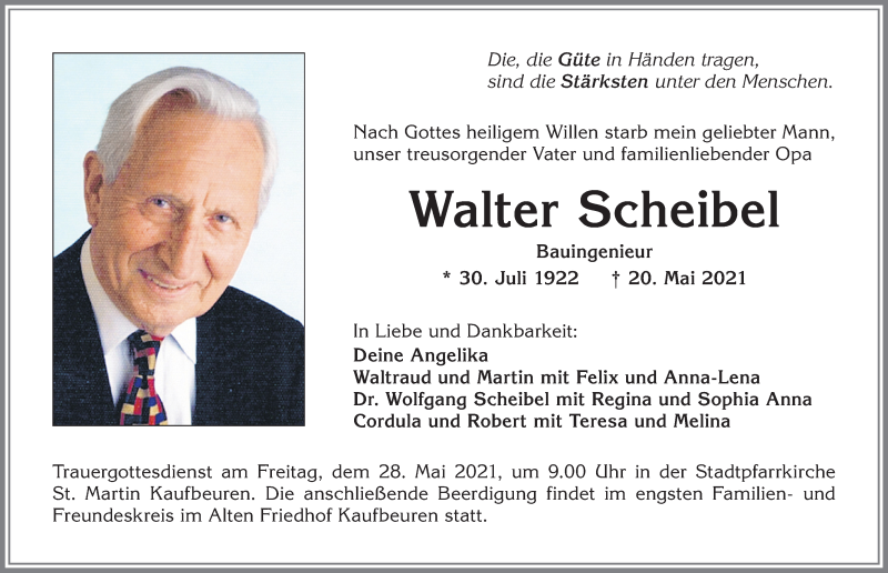  Traueranzeige für Walter Scheibel vom 22.05.2021 aus Allgäuer Zeitung, Kaufbeuren/Buchloe