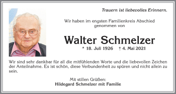 Traueranzeige von Walter Schmelzer von Allgäuer Zeitung,Kempten