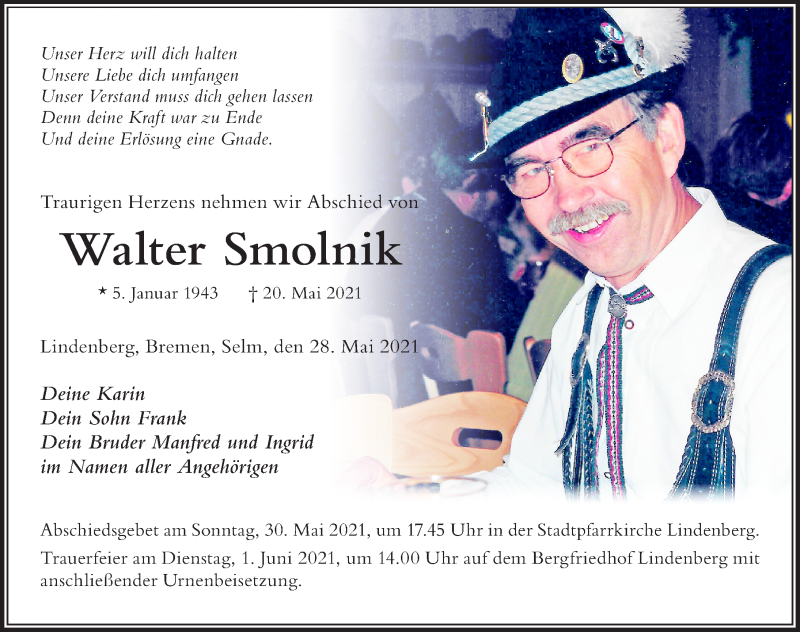  Traueranzeige für Walter Smolnik vom 28.05.2021 aus Der Westallgäuer