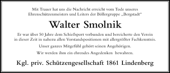 Traueranzeige von Walter Smolnik von Der Westallgäuer