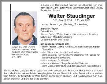Traueranzeige von Walter Staudinger von Memminger Zeitung