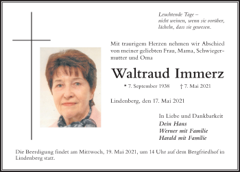 Traueranzeige von Waltraud Immerz von Der Westallgäuer