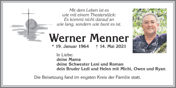 Traueranzeige von Werner Menner von Allgäuer Zeitung, Kaufbeuren/Buchloe
